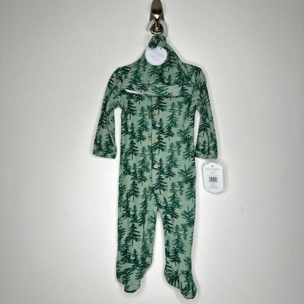 Kyle & Deena NY 2 piece set waffle knit sleeper baby 3-6 month beanie sage green